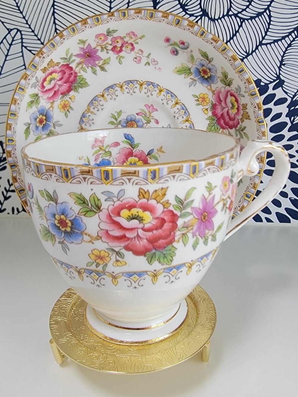 Royal Grafton teacup & saucer, pink blue purple flowers, Jacobean, footed
